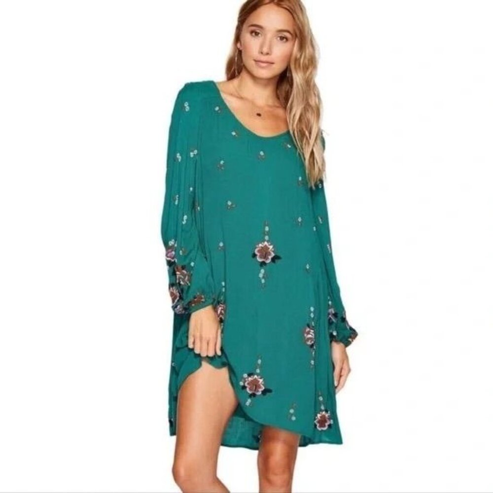 Free People women's small green long sleeve floral embroidered mini swing‎ dress